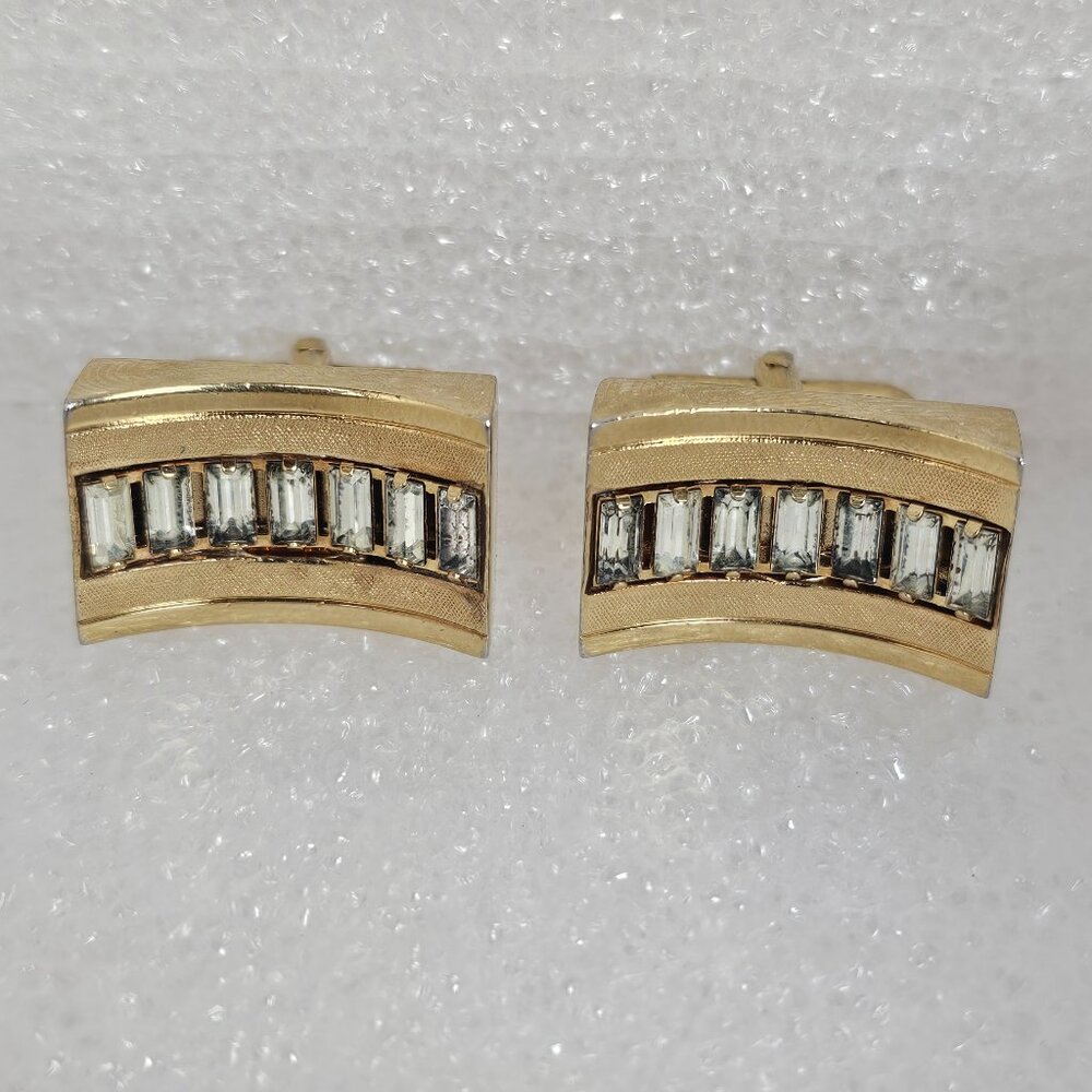 Vintage Swank Cufflinks Baguette Clear Rhinestone Gold Tone Rectangle Curved MCM